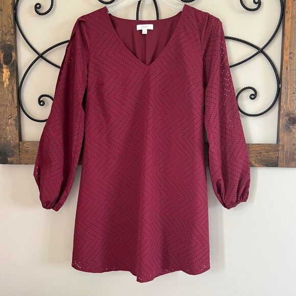 Candies Y2K Shift Burgundy Laser Cut Lined Mini Dress Slit Long Sleeves Size S - Picture 1 of 11